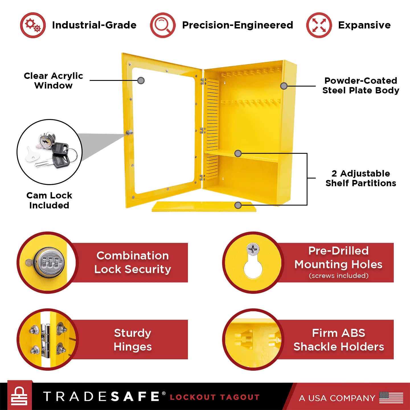 product features: combination lock security, pre-drilled mounting holes, sturdy hinges, firm ABS shackle holders