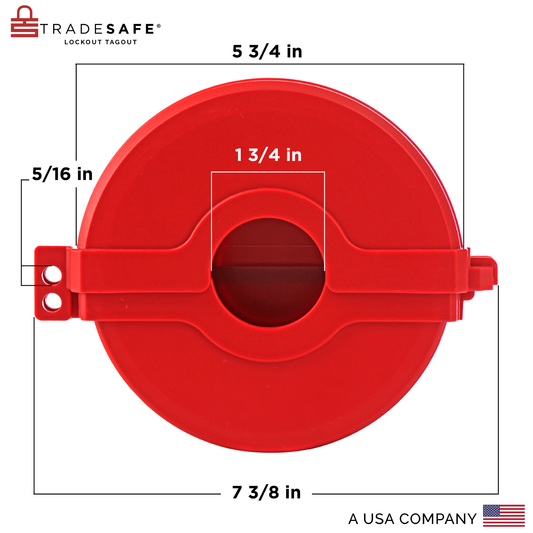 eye-level back view of a red gate valve lockout device with dimensions