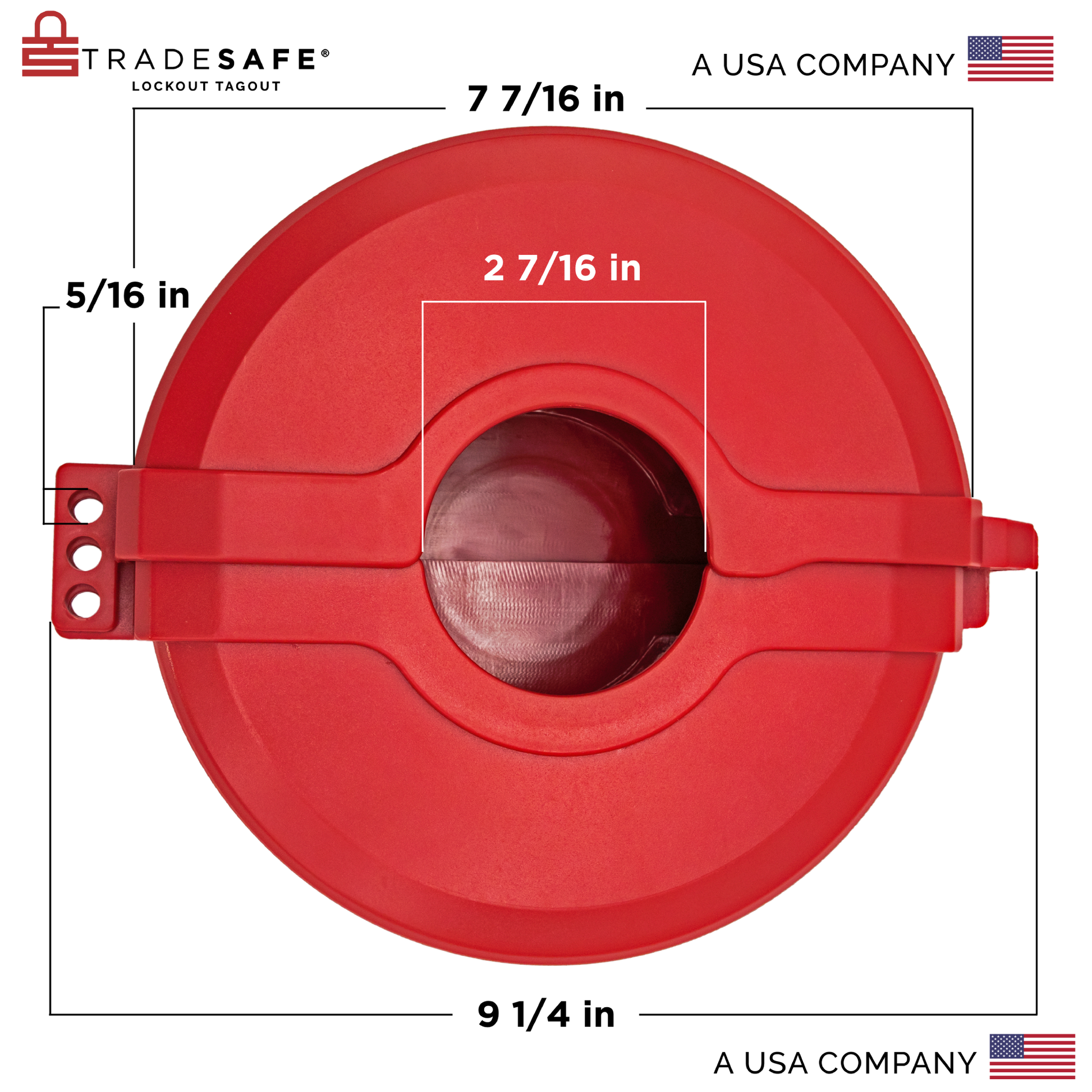 eye-level back view of a red gate valve lockout device with dimensions