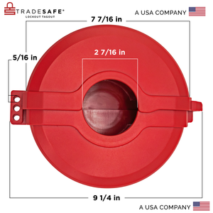 eye-level back view of a red gate valve lockout device with dimensions