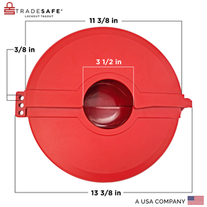 eye-level back view of a red gate valve lockout device with dimensions