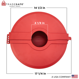 eye-level back view of a red gate valve lockout device with dimensions