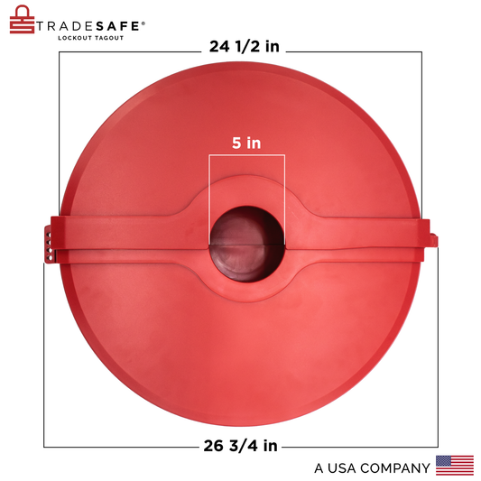 eye-level back view of a red gate valve lockout device with dimensions