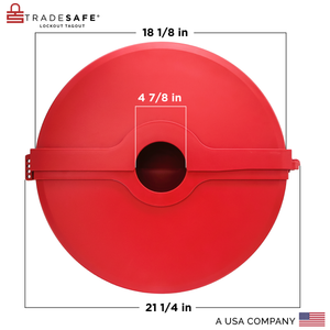 eye-level back view of a red gate valve lockout device with dimensions