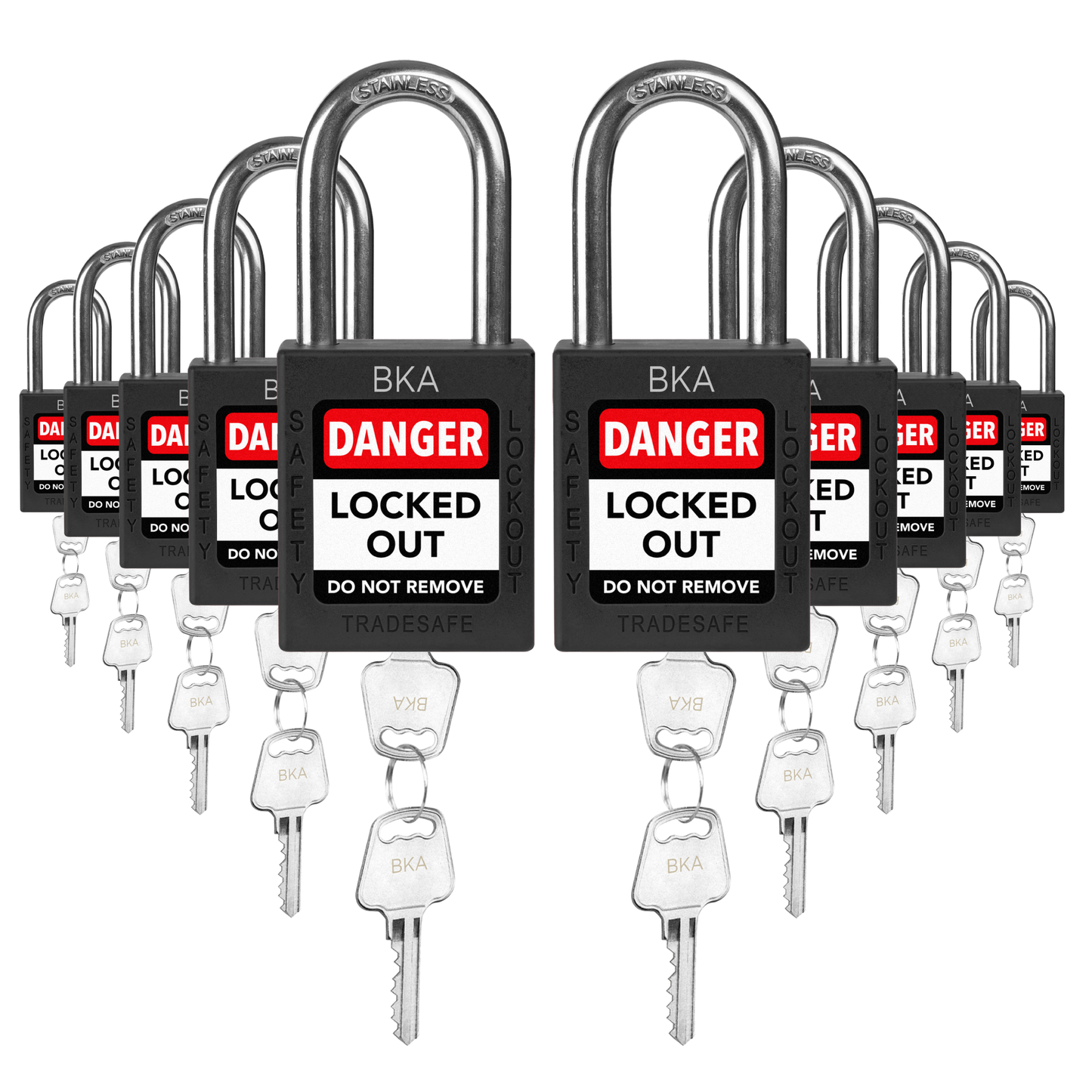 eye-level view of 10 pack black keyed alike unlimited with 2 keys