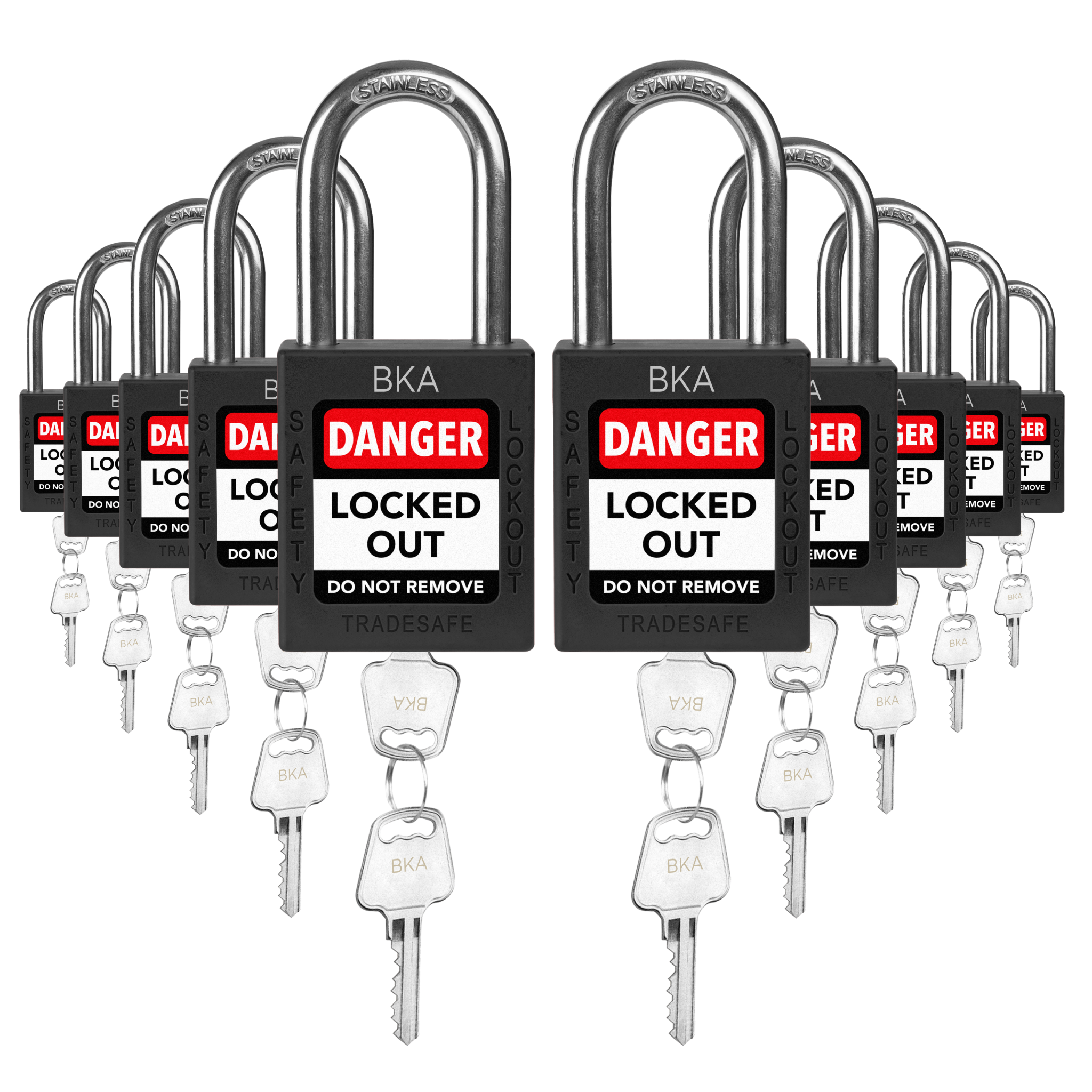 Keyed Alike Unlimited Lockout Locks - 10 Black Padlocks - 2 Keys Per Lock