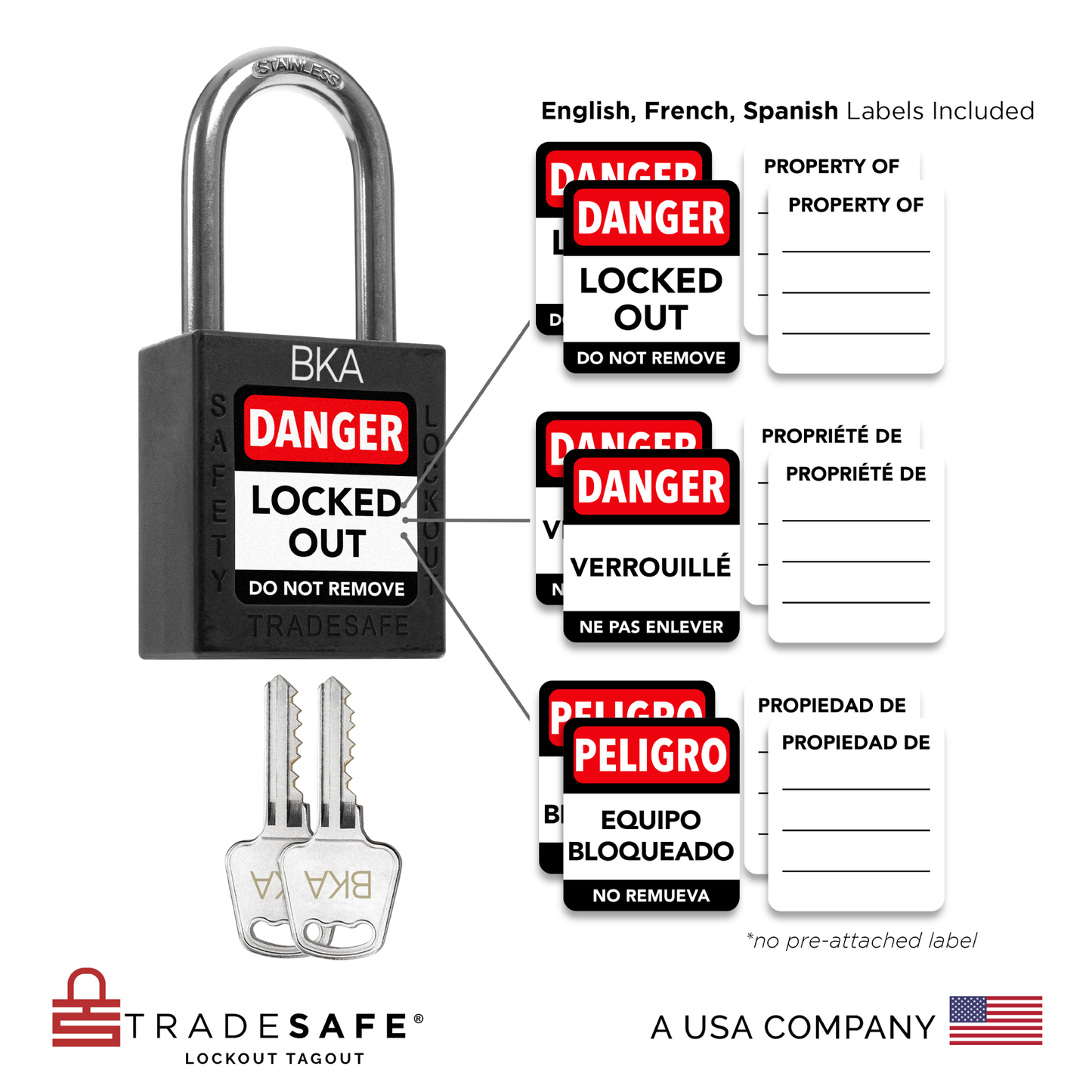 infographic of black keyed alike unlimited loto locks with 6 sets of padlock labels in english, spanish, and french languages