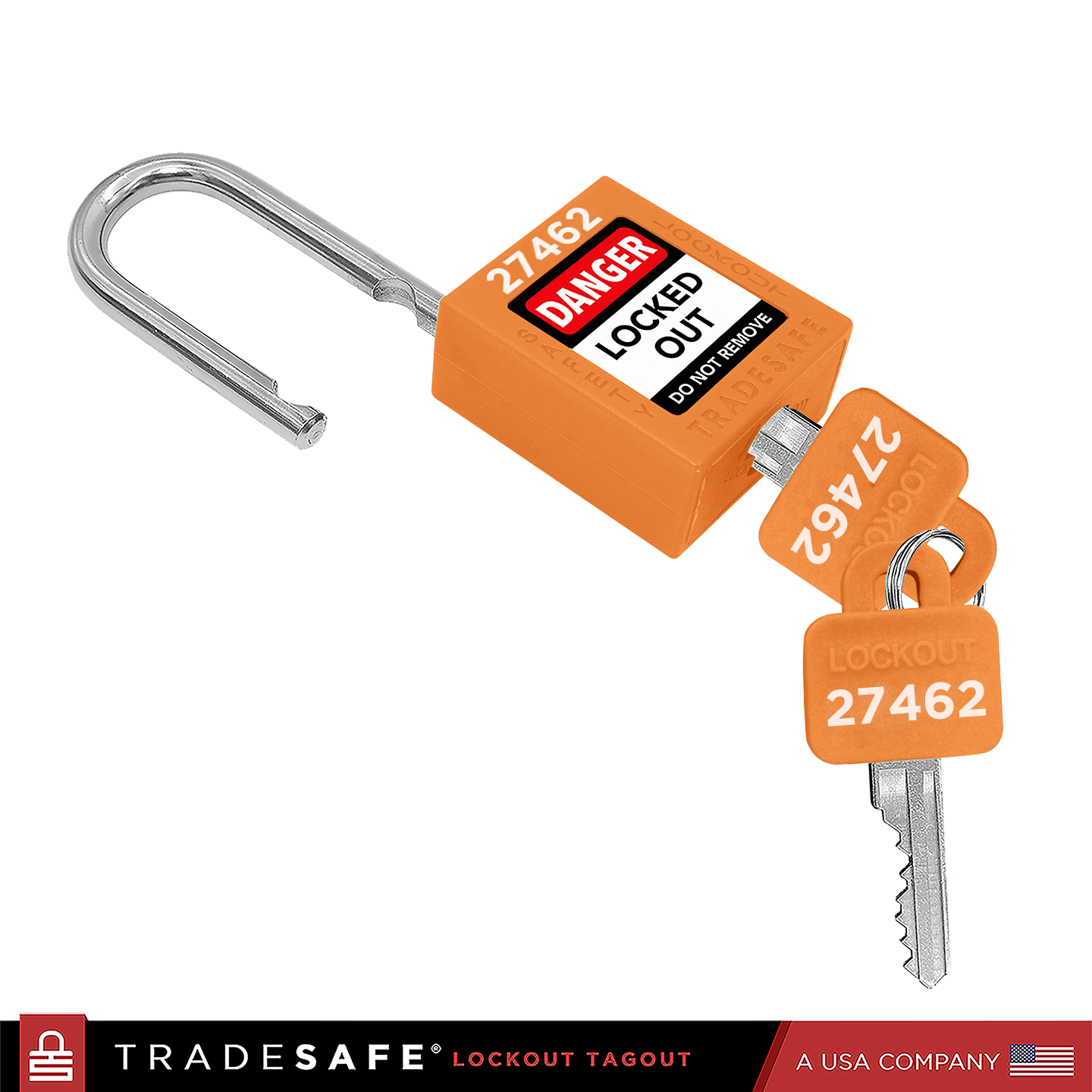 orange lockout tagout lock with 2 keys, 1 key inserted
