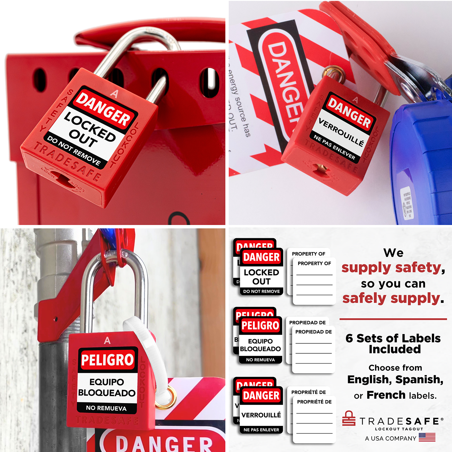 collage: 3 red tradesafe padlocks in use, labeled in english, french, and spanish