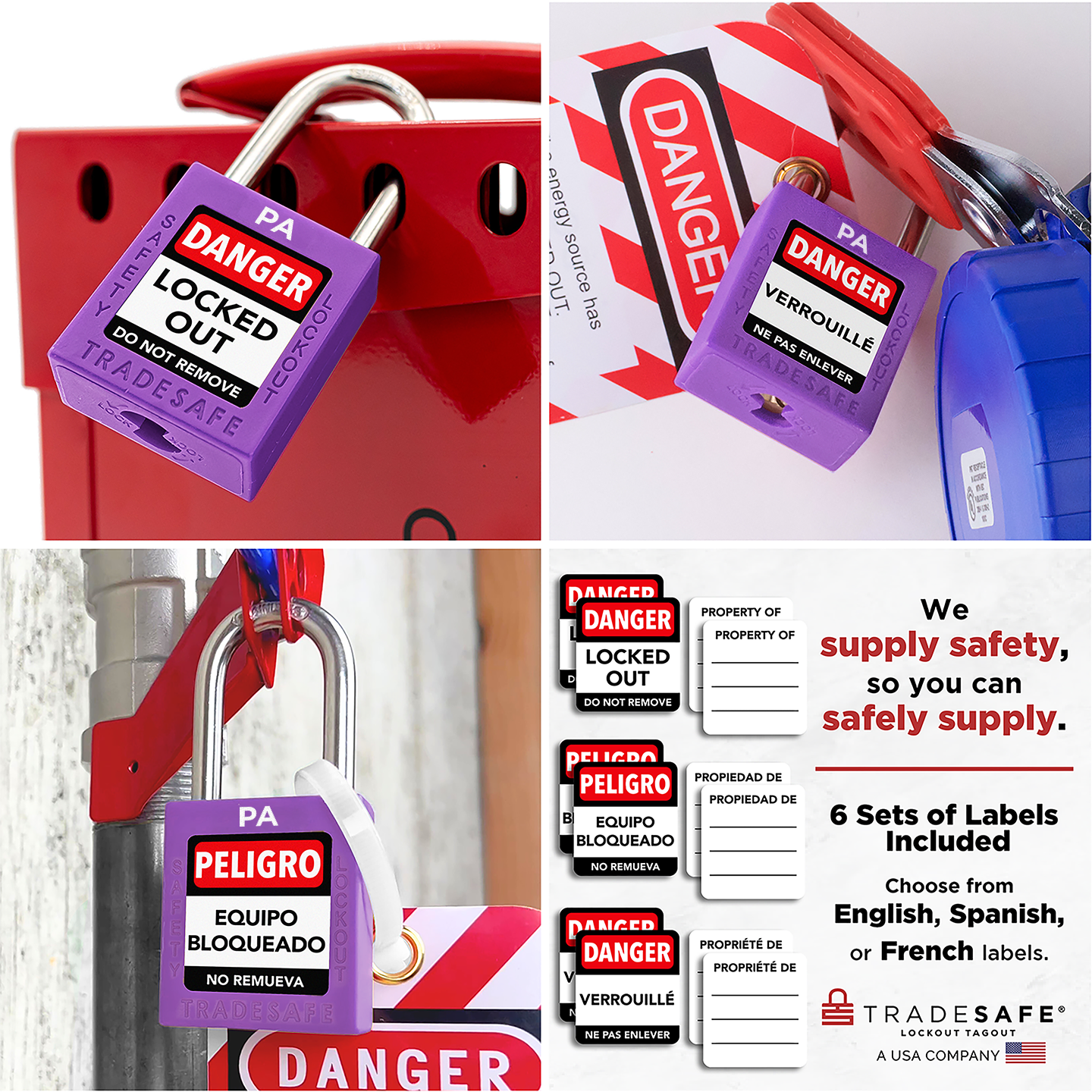 collage: 3 purple tradesafe padlocks in use, labeled in english, french, and Spanis