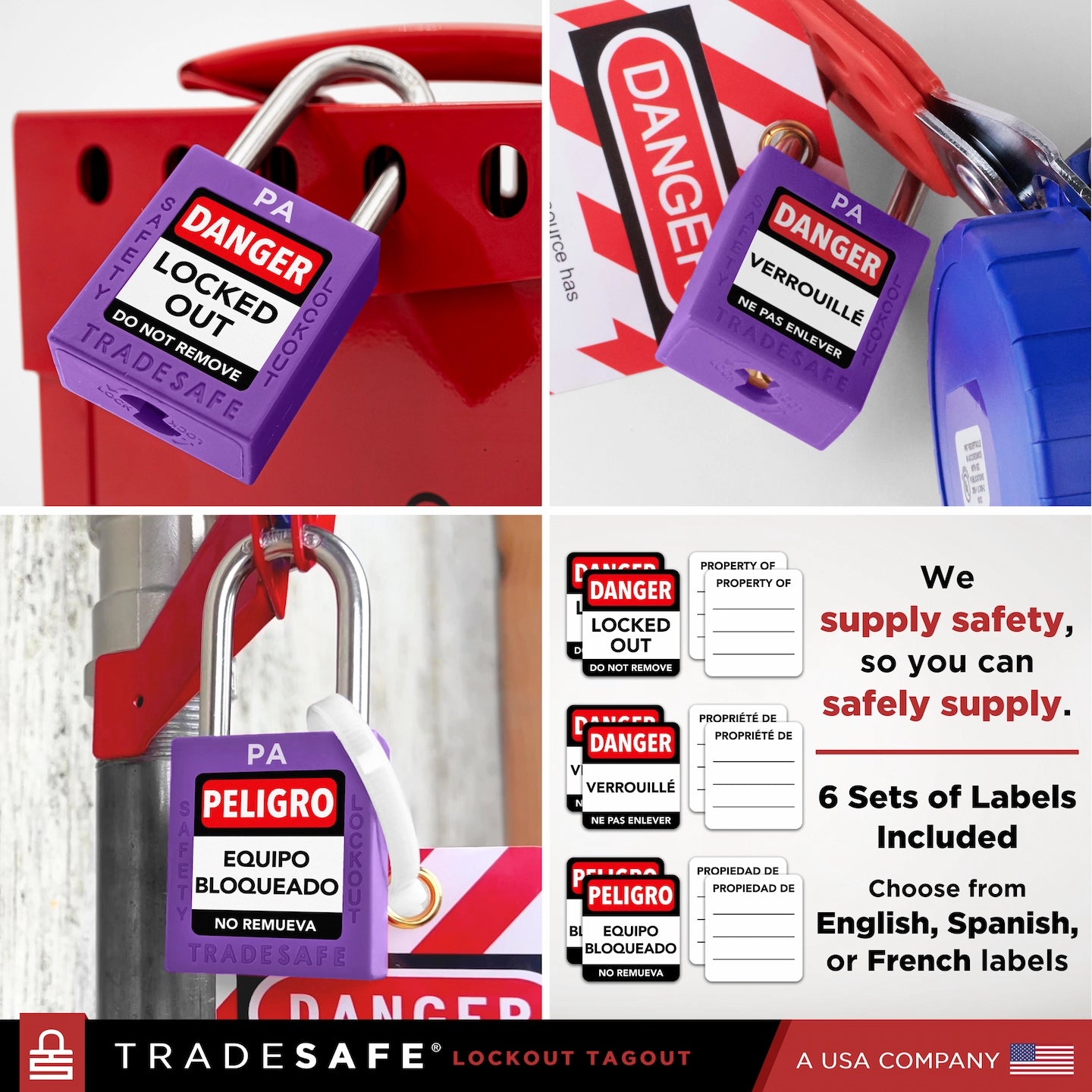 collage: 3 purple tradesafe padlocks in use, labeled in english, french, and Spanis
