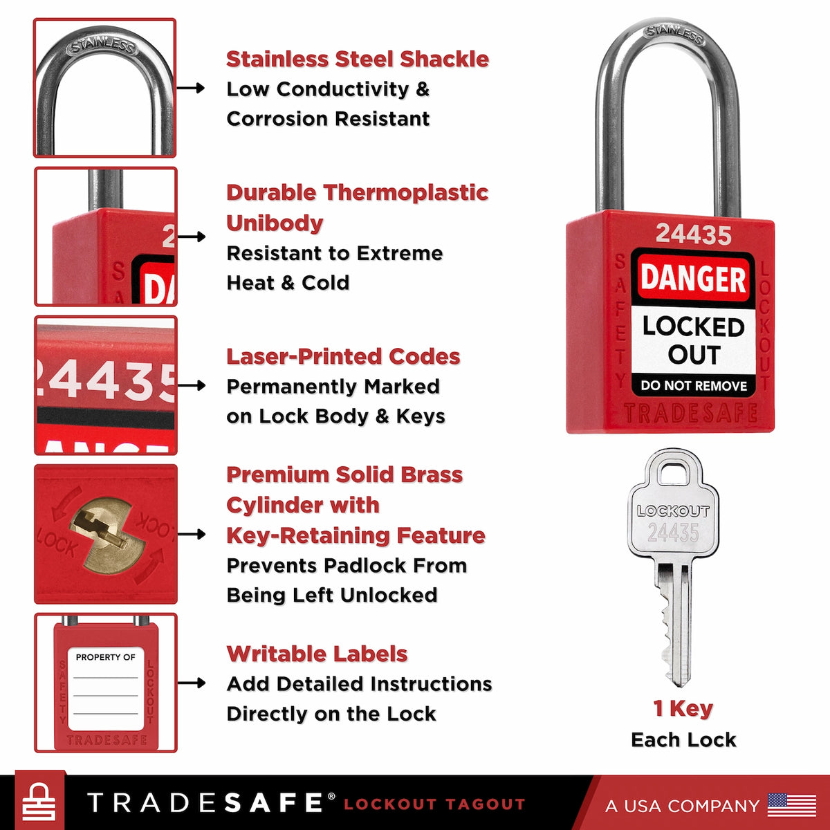 Lock Out One Key Red Keyed Different Lockout Locks - 1 Key - 10 Pack | TRADESAFE