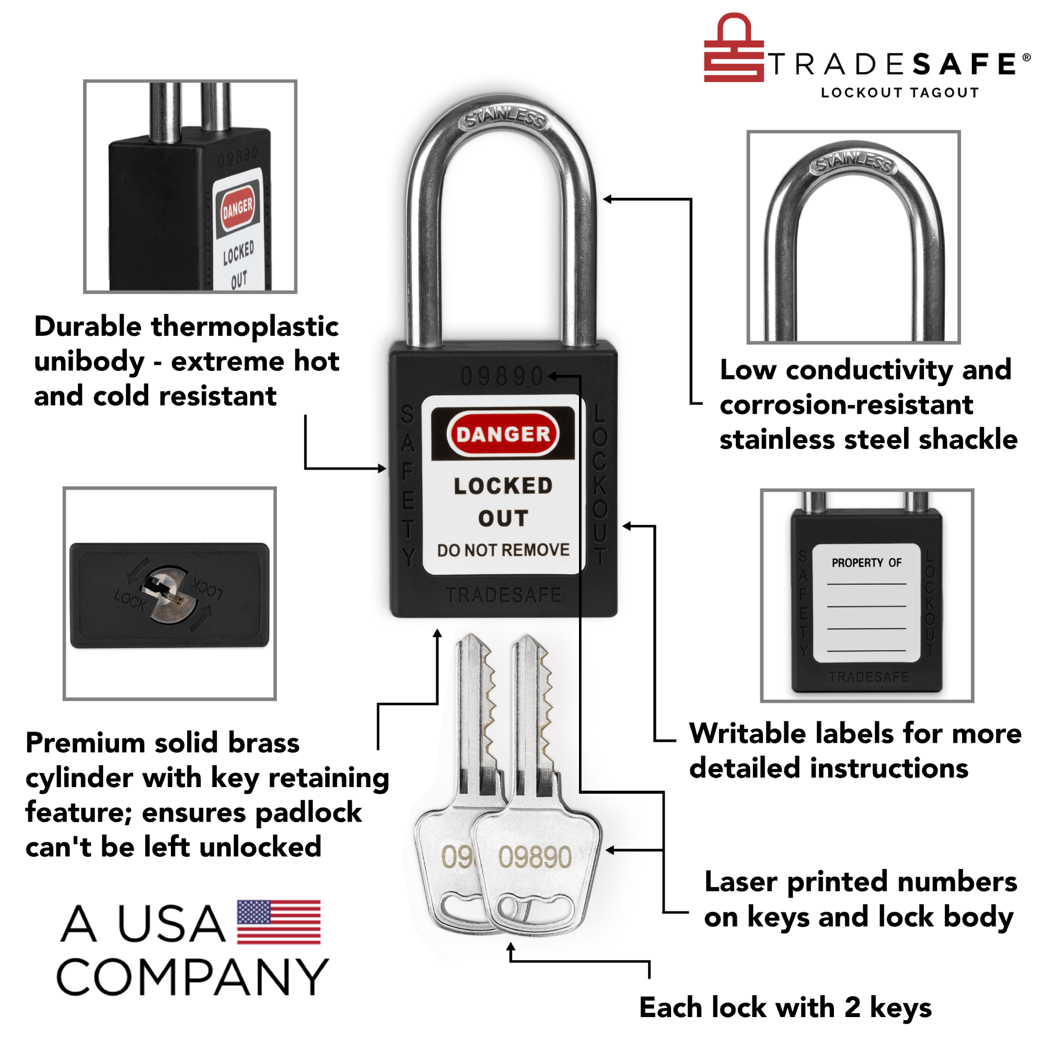 Two Key Device Black Keyed Alike Padlocks - 2 Keys - 10 Pack | TRADESAFE