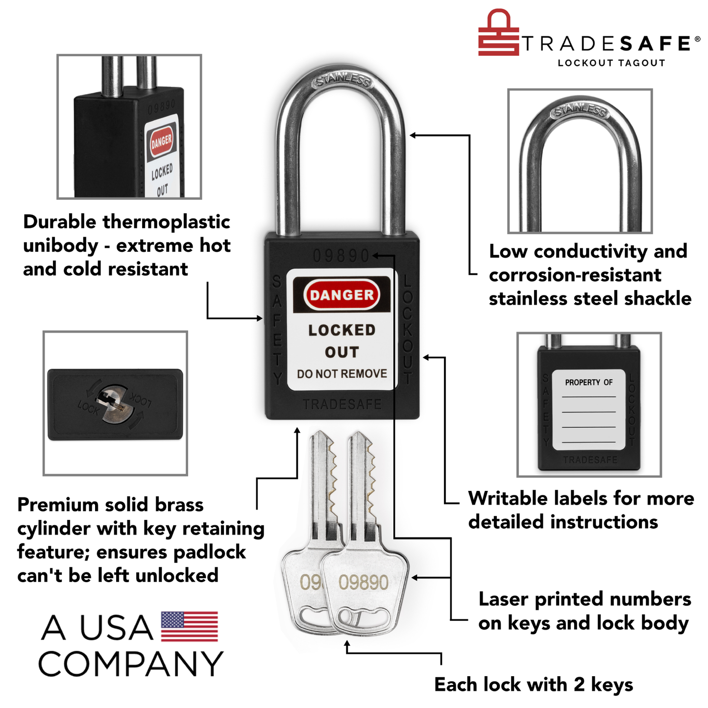 Black Keyed Alike Padlocks - 2 Keys - 10 Pack | TRADESAFE