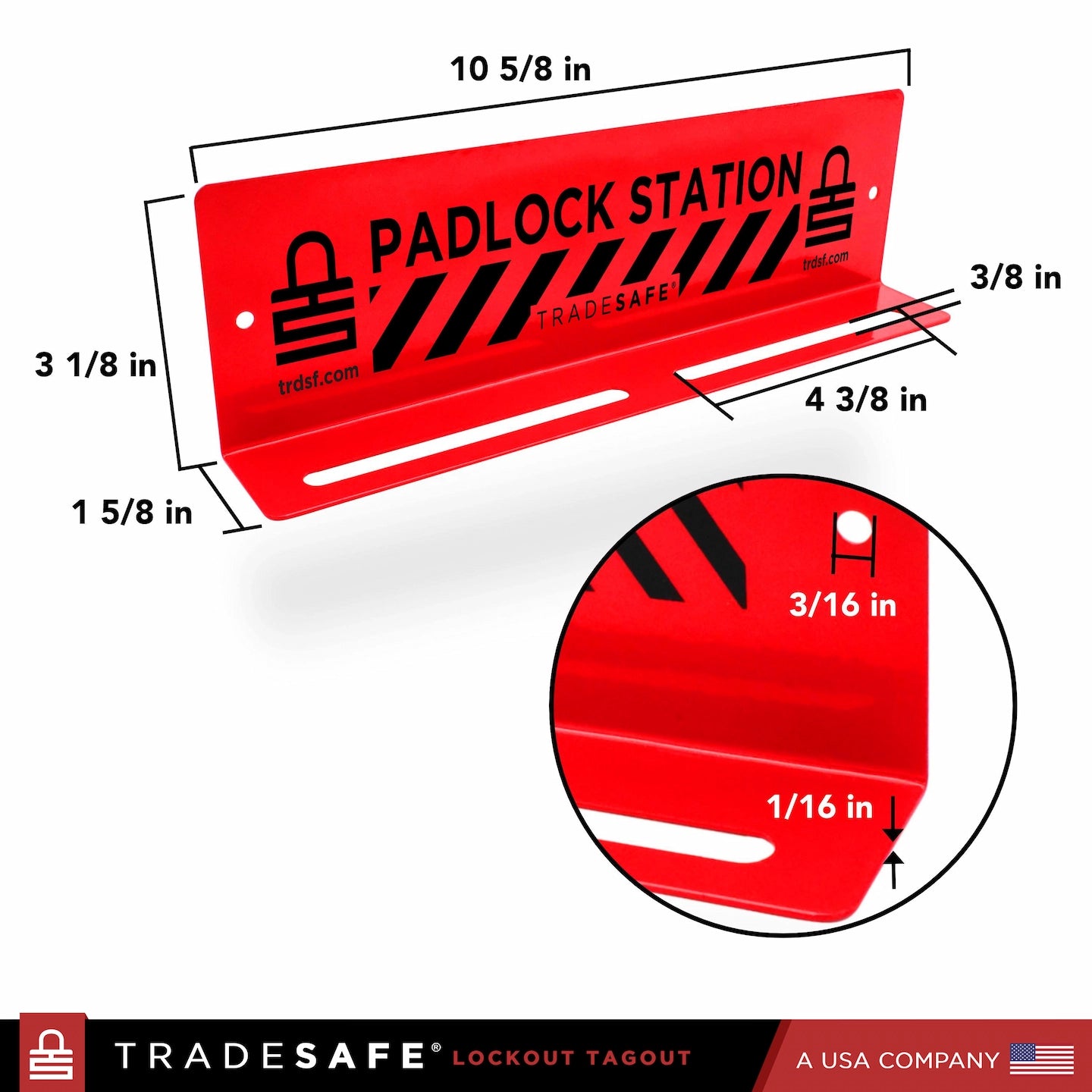 high-angle view of a red padlock station with dimensions