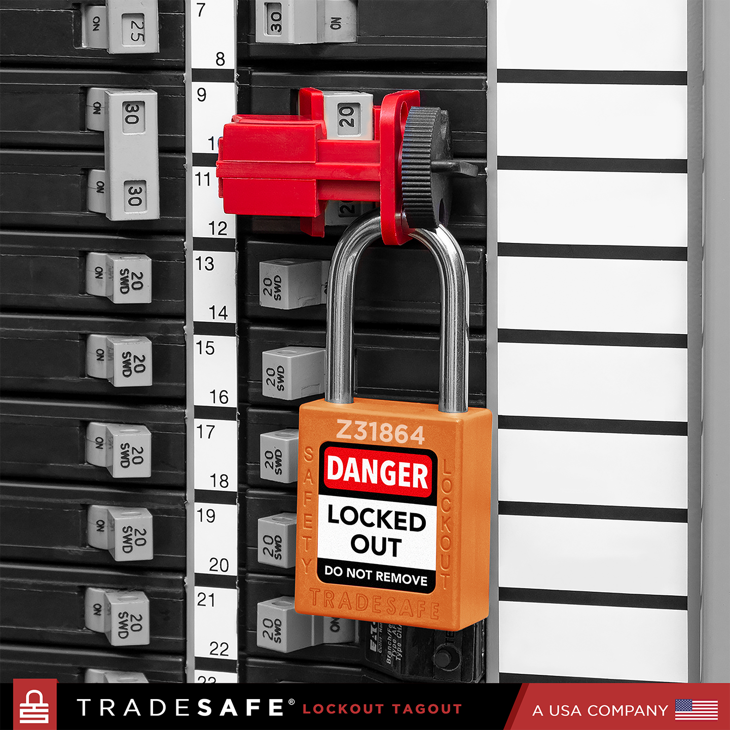 an orange loto padlock in use along with universal multipole circuit breaker lock