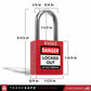 eye-level view of a red loto padlock with dimensions