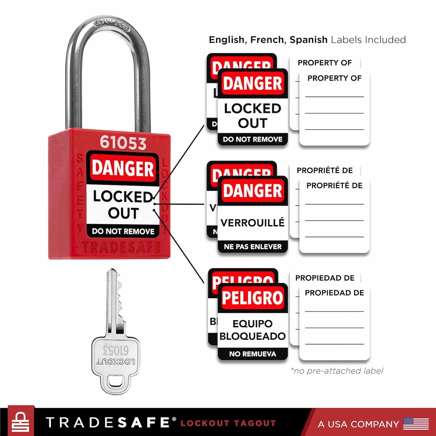 lockout tagout padlocks with english french spanish labels included