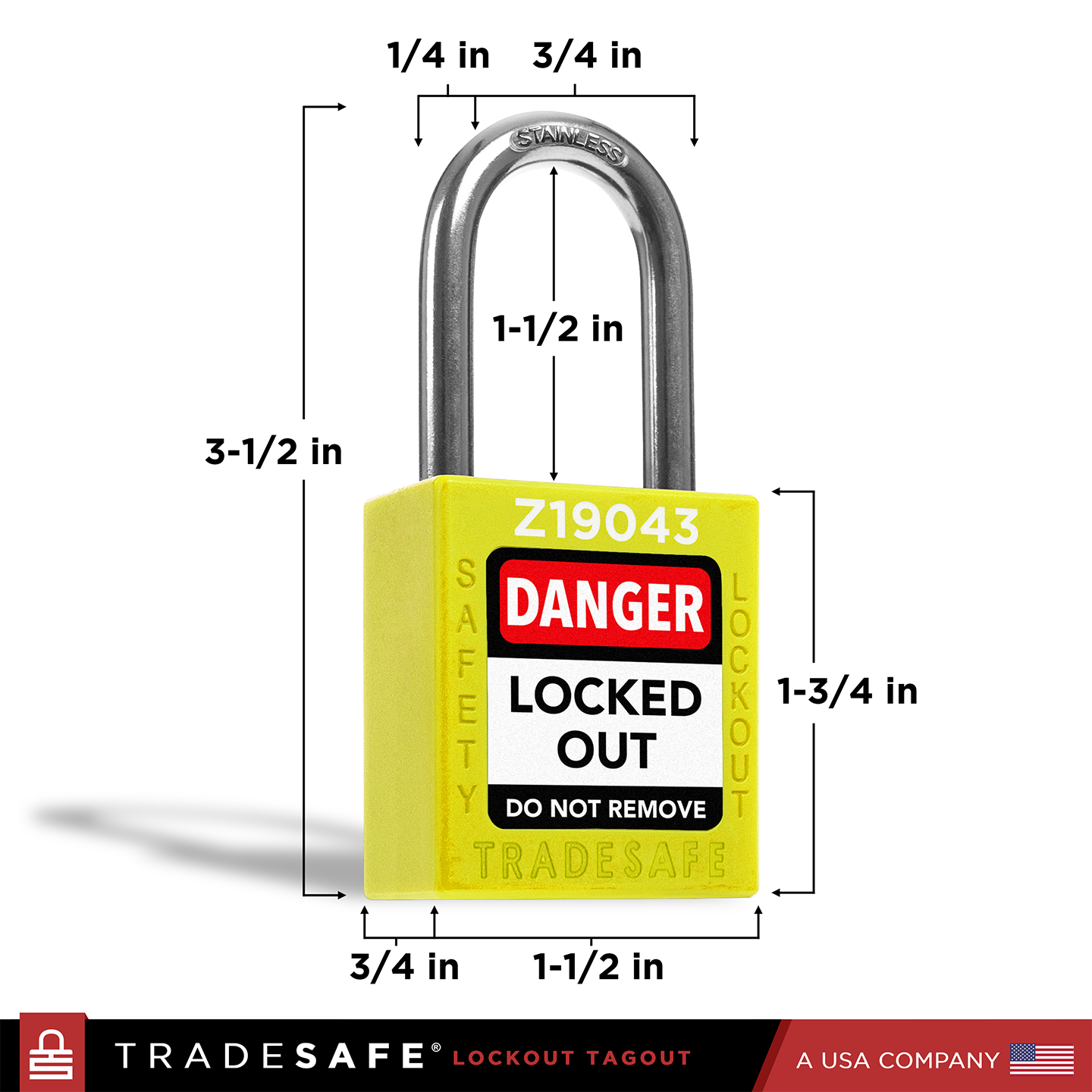 a yellow lockout tagout padlock with dimensions