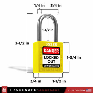 a yellow lockout tagout padlock with dimensions