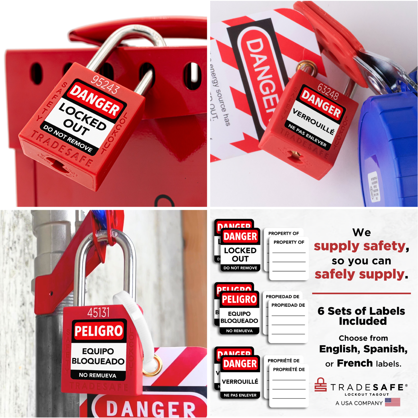 red keyed alike loto padlocks in-use with 3 different languages to choose from english, spanish, or french