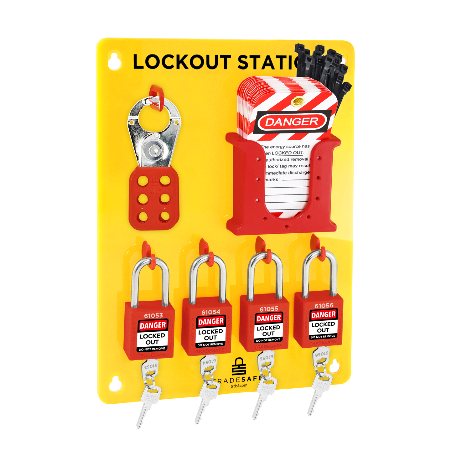 lockout tagout station board with loto tags, padlocks, hasp, zip ties