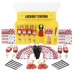 eye-level view of a yellow Lockout Tagout station with its transparent cover, stocked with tags, hasps, and padlocks with 2 keys each