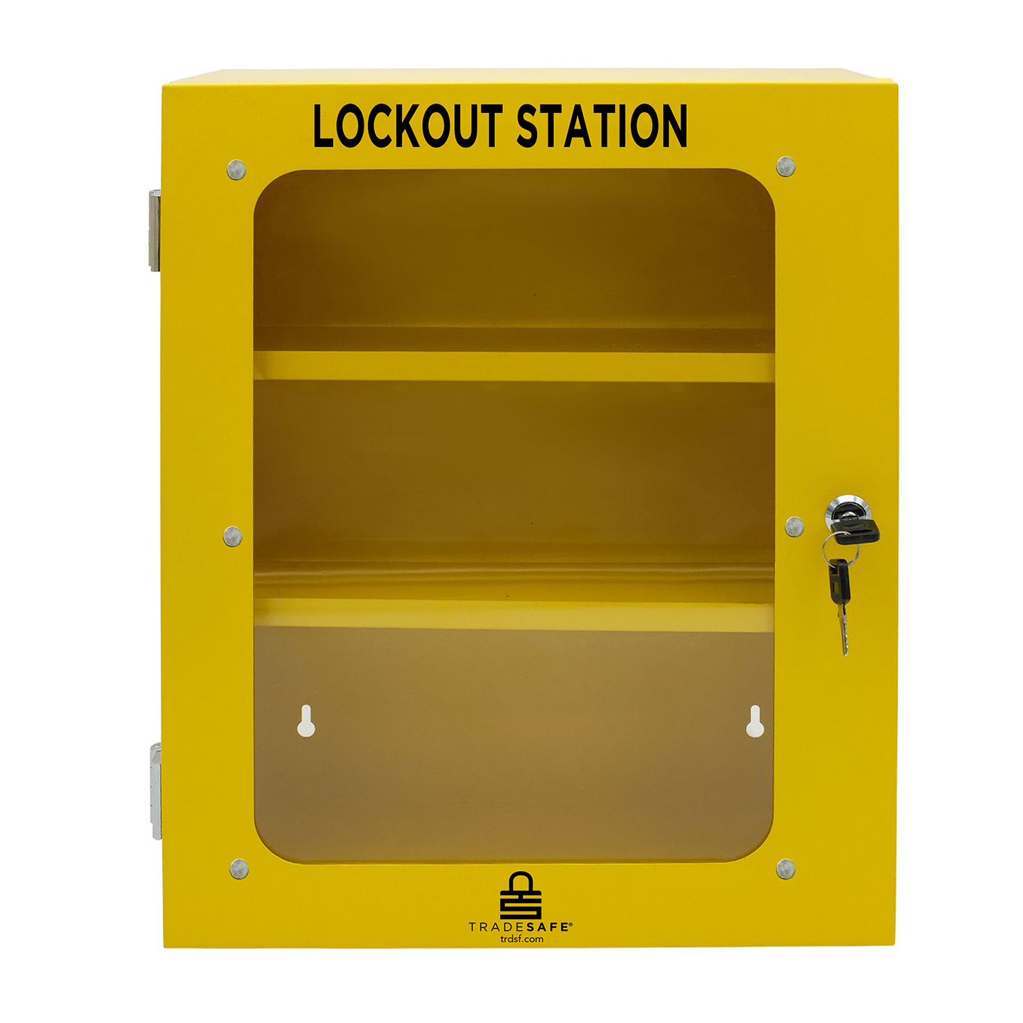 eye-level view of a closed yellow steel lockout station cabinet