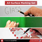 all marking set can be used on glass, metal, wood, fabric, rubber and many more
