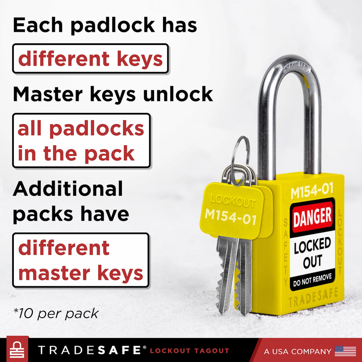 Yellow Python Lock Key Number 10 Yellow Master Keyed Lockout Locks - Keyed Different - 2 keys | TRADESAFE