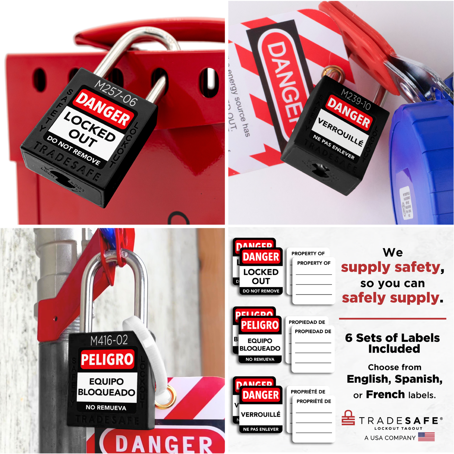 collage of in-use black loto master keyed padlocks with label options