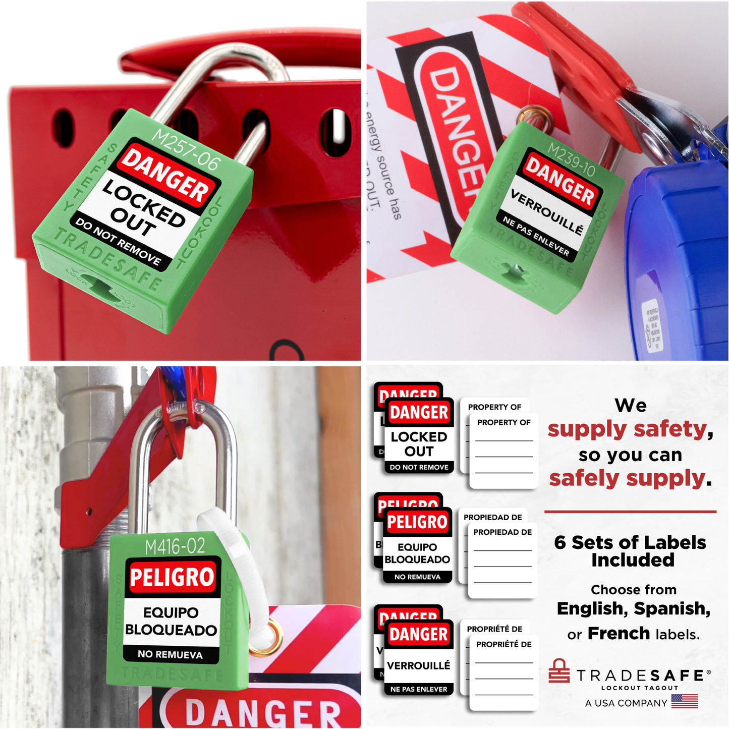 collage of in-use green loto master keyed padlocks with label options