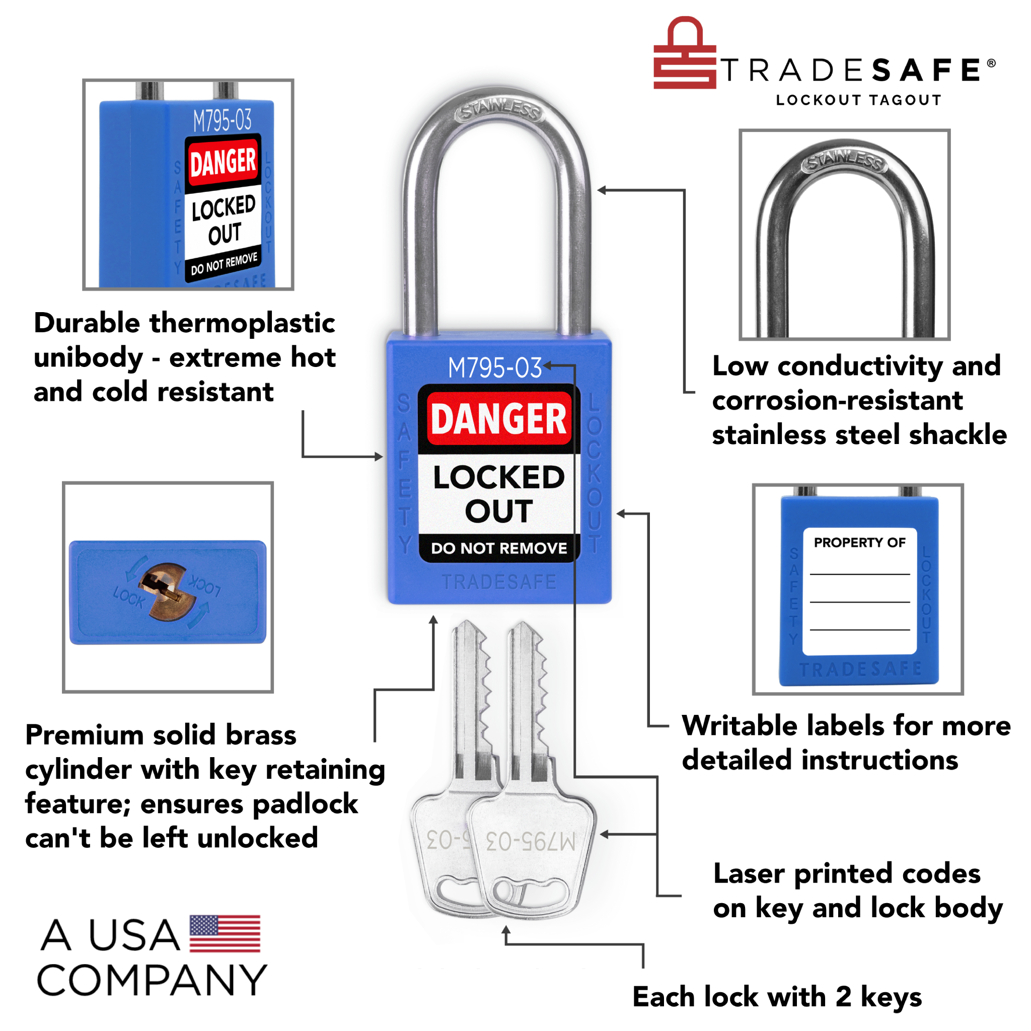 10 Blue Master Keyed Lockout Locks - Keyed Different - 2 keys | TRADESAFE