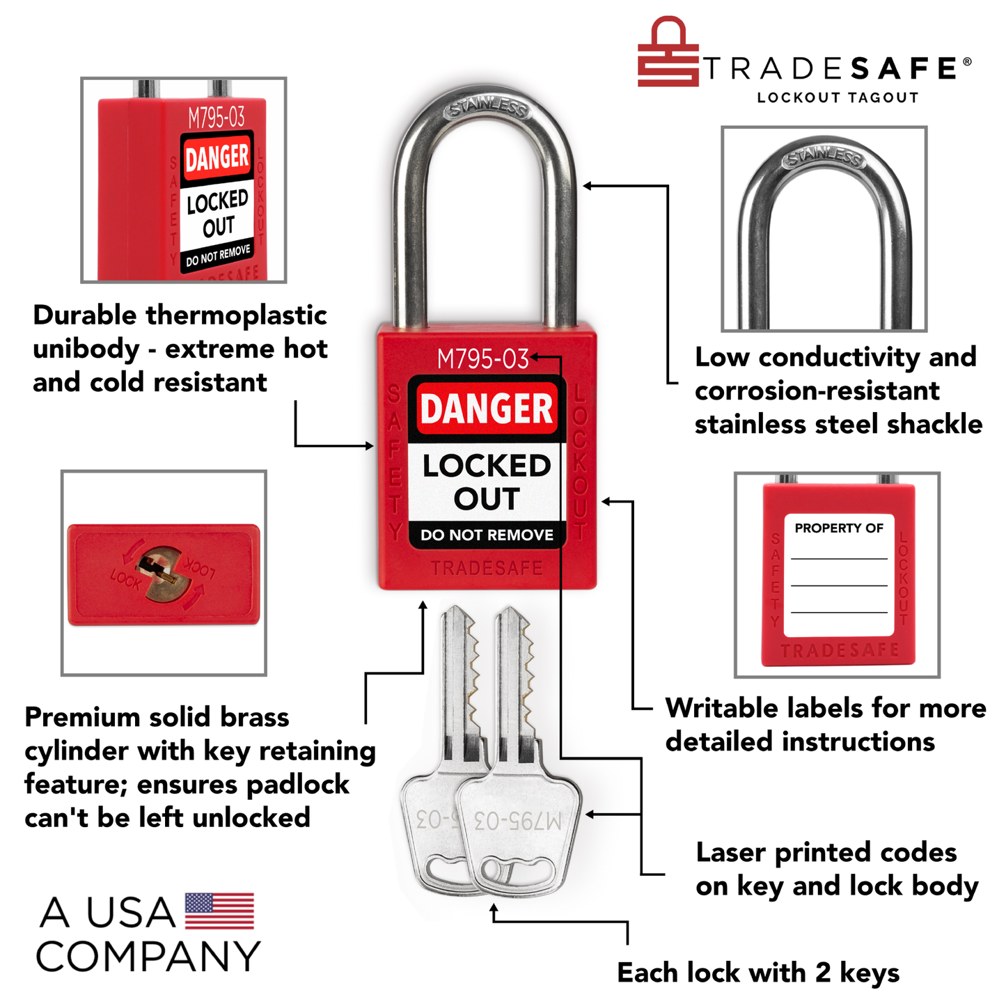 10 Red Master Keyed Lockout Locks - Keyed Different - 2 keys | TRADESAFE