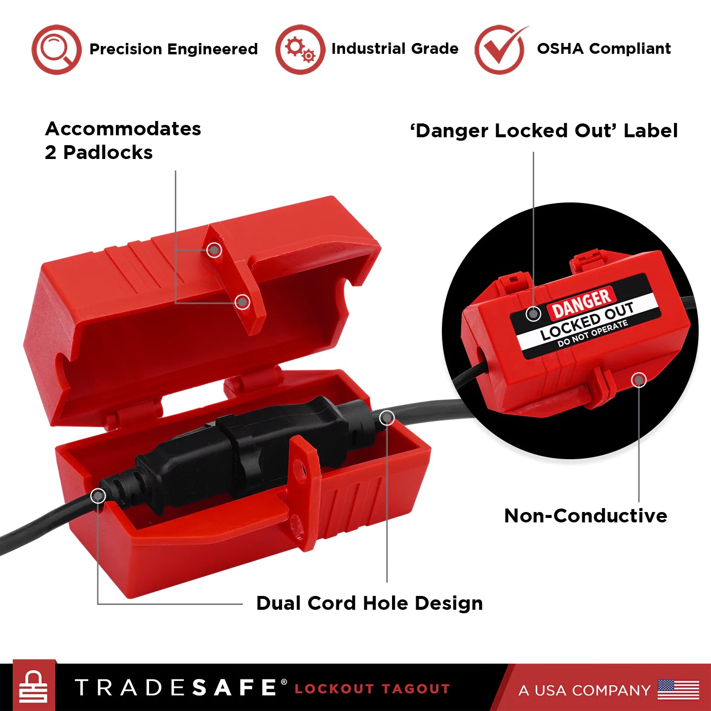 product features of tradesafe electrical plug lockout medium