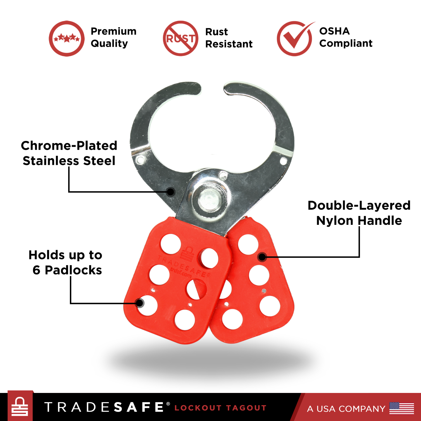 Infographic: LOTO hasp - chrome-plated steel, double-layered nylon handle, fits 6 padlocks