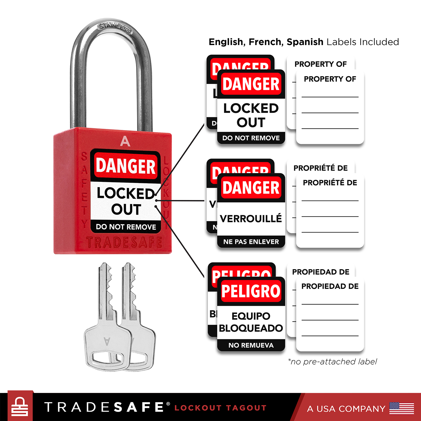 infographic: red loto lock with english, french, spanish labels included