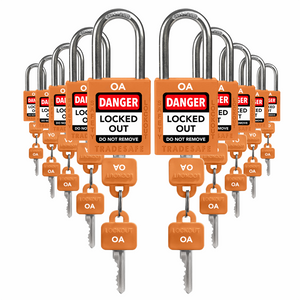 ten orange loto padlocks, each with two keys and a OA letter code on both the lock body and the keys