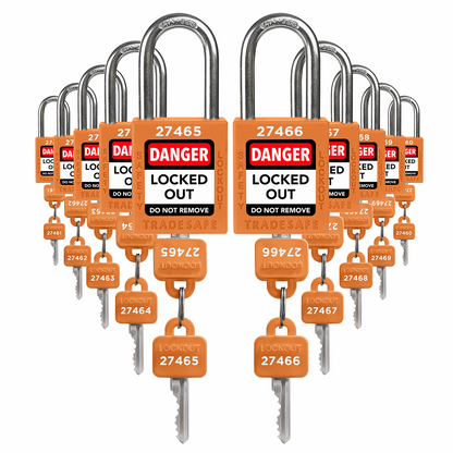 ten orange loto padlocks: 2 keys each, unique five-digit code on keys and body