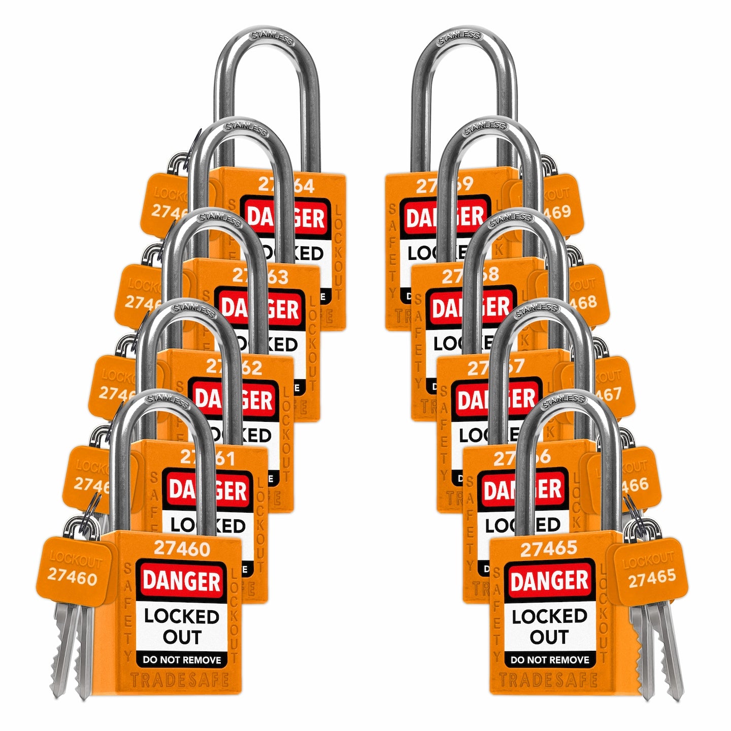Orange Keyed Different Lockout Locks - 2 Keys - 10 Pack | TRADESAFE