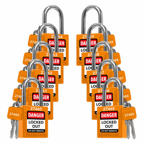 ten orange loto padlocks: 2 keys each, unique five-digit code on keys and body