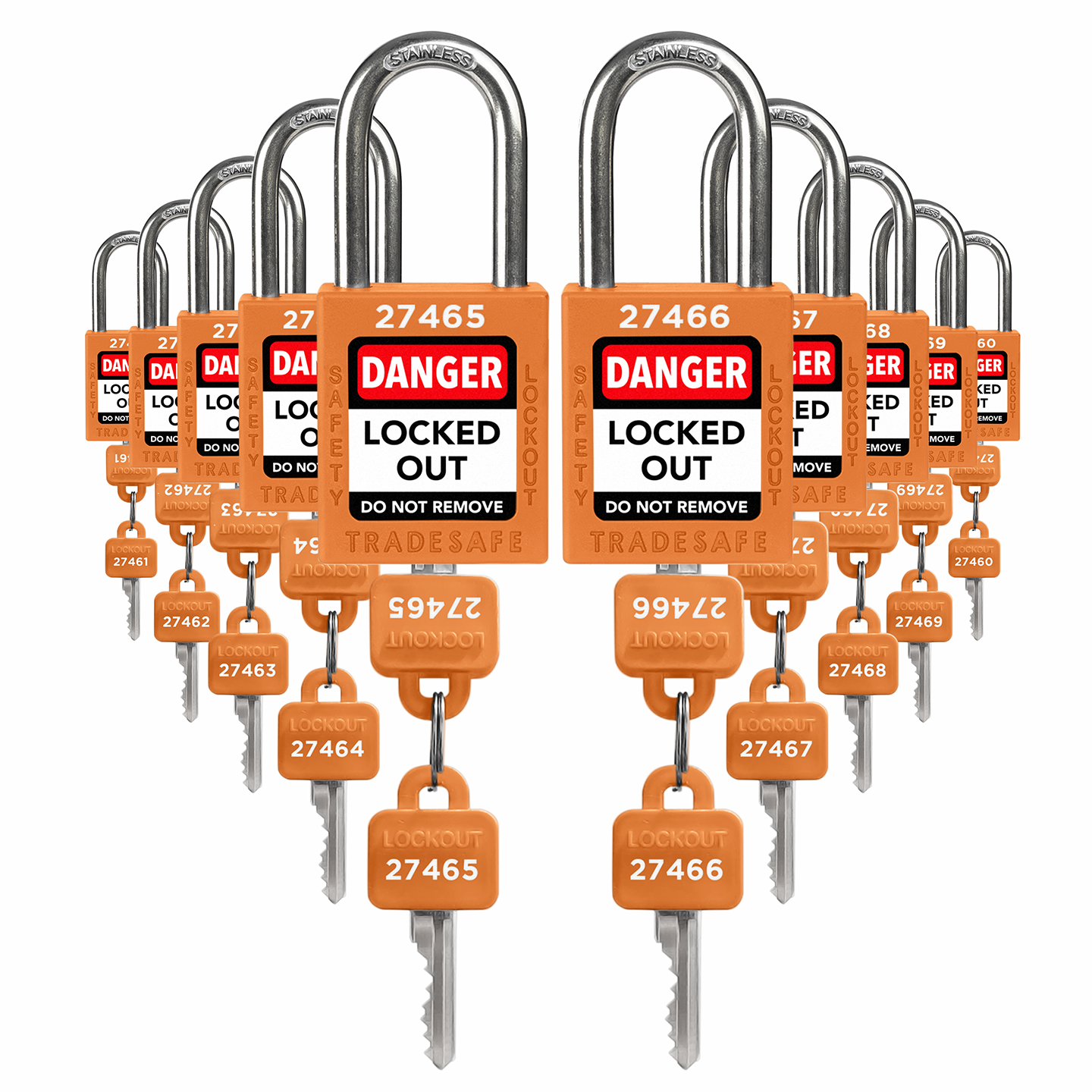 Juego de candados de bloqueo y etiquetado con diferentes llaves - 10 candados de seguridad naranjas - 2 llaves por candado