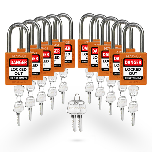 set of 10 orange keyed different locks with master key