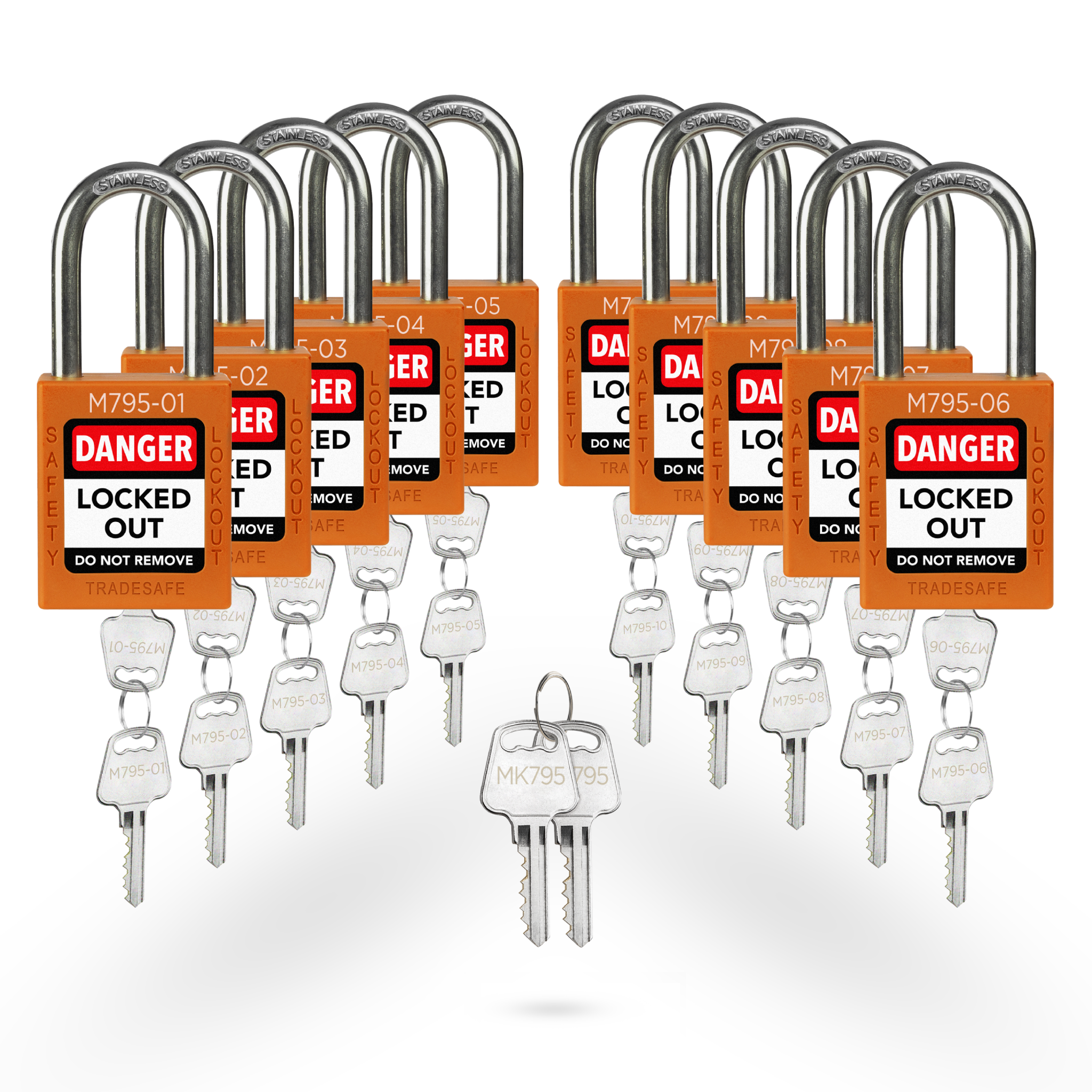 Keyed Different Lockout Locks with Master Keys - 10 Orange Padlocks - 2 Keys Per Lock