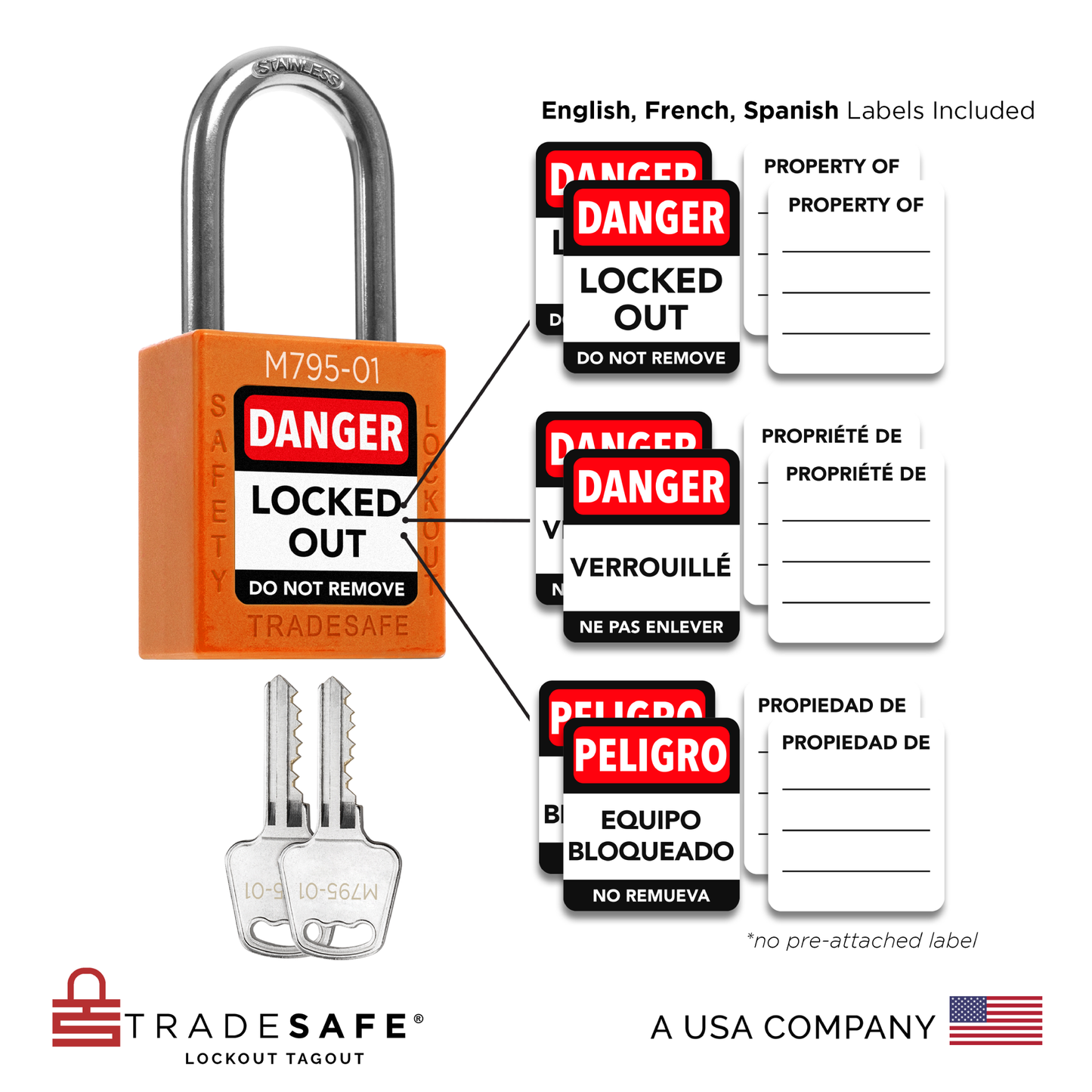 visual representation of orange keyed different lock with master key including labels in three languages