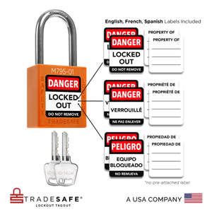 visual representation of orange keyed different lock with master key including labels in three languages