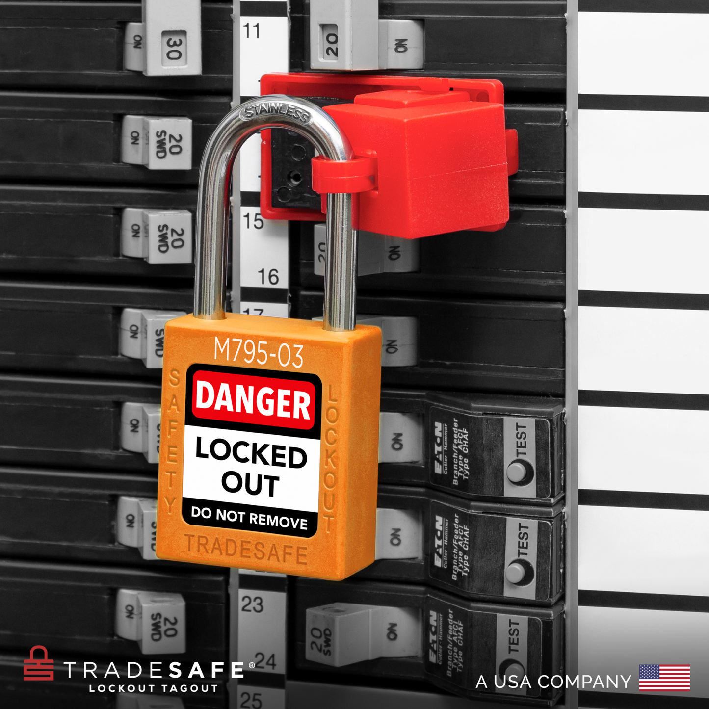 lifestyle shot of orange padlock in use with clamp-on circuit breaker lock