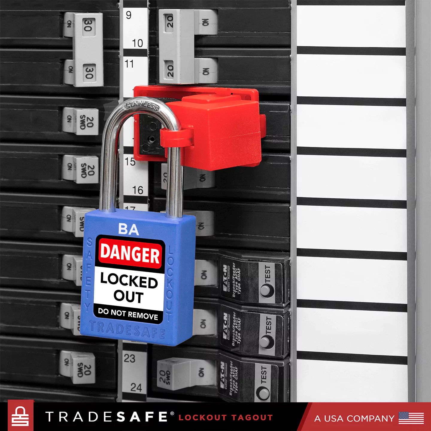 blue loto padlock in use along with a multipole circuit breaker lock