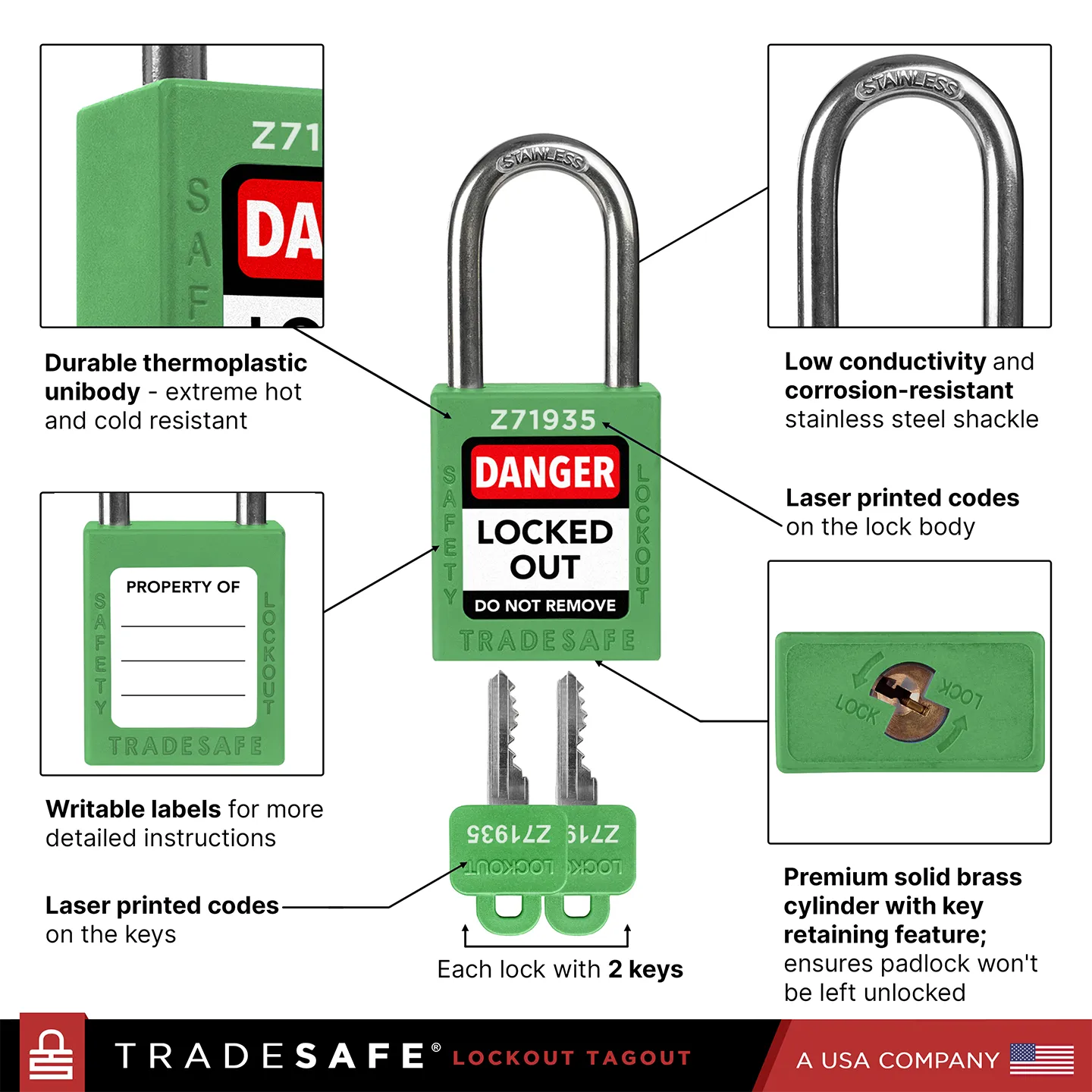 keyed alike green lock with 2 keys feature