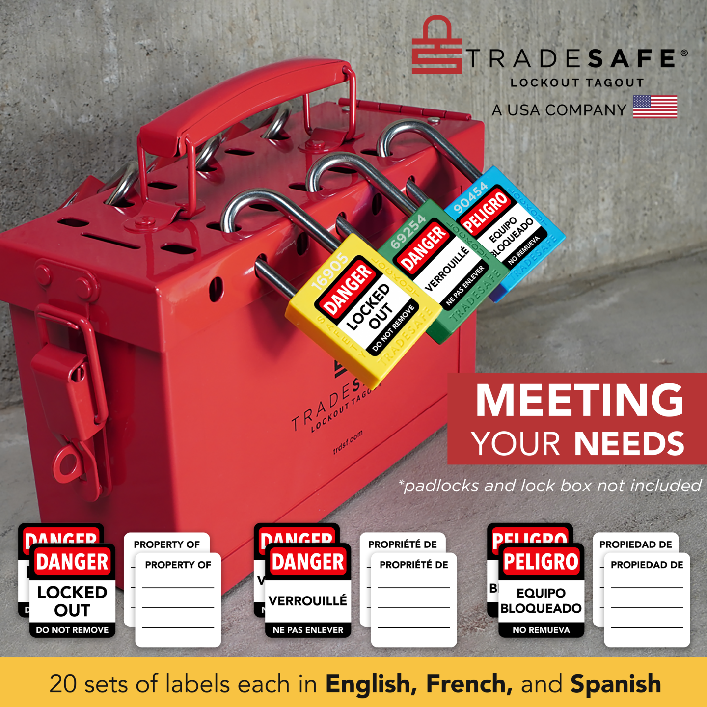 infographic: loto locks in-use in group lockout box; includes 20 sets of labels each in english, french, and spanish